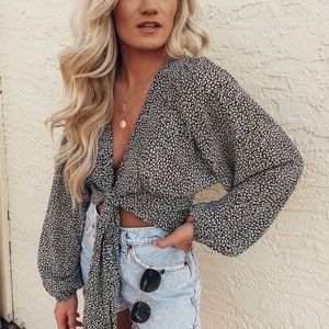 New Leopard Print Long Sleeve Tie Front Crop Blouse